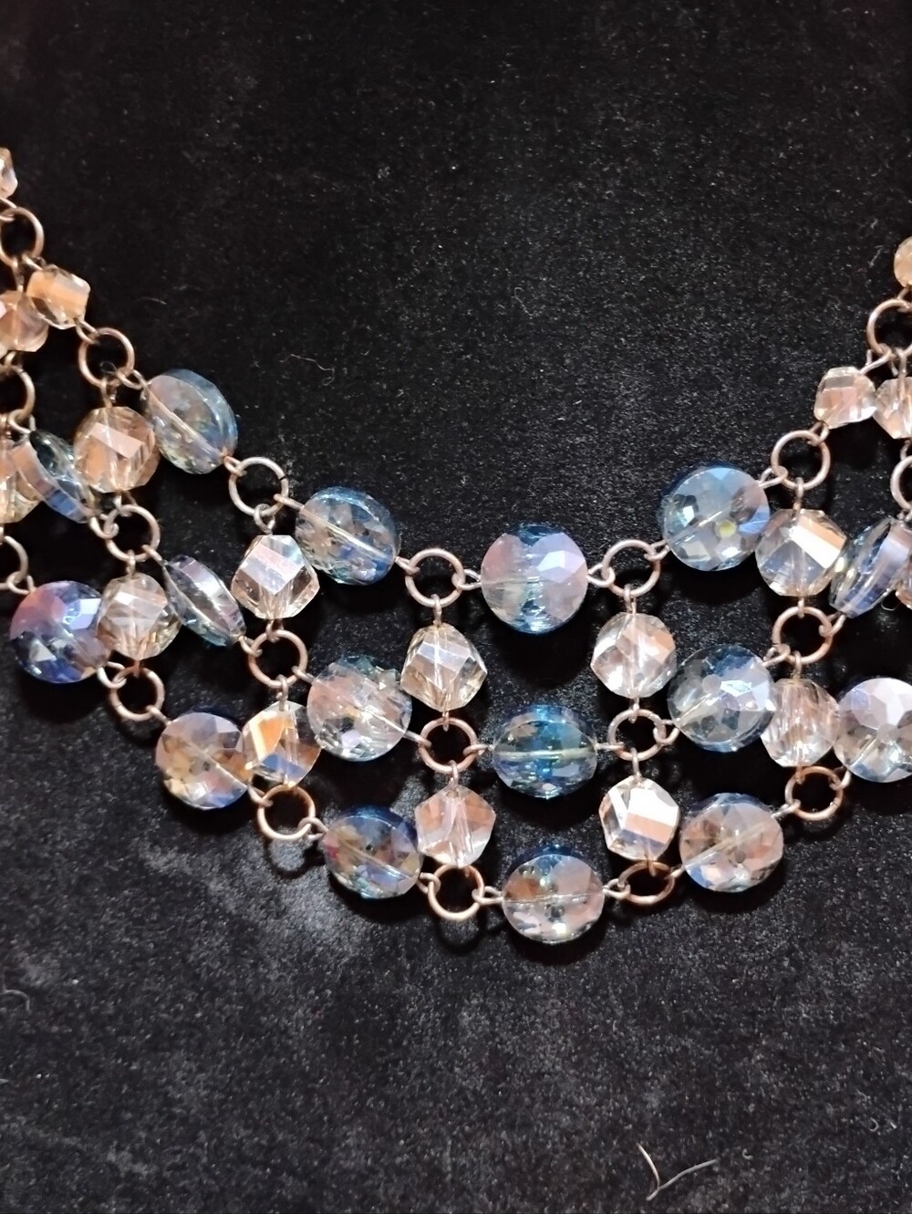 Vintage Blue Crystal Multi-Strand Statement Necklace. Two-tone Layered Chain.